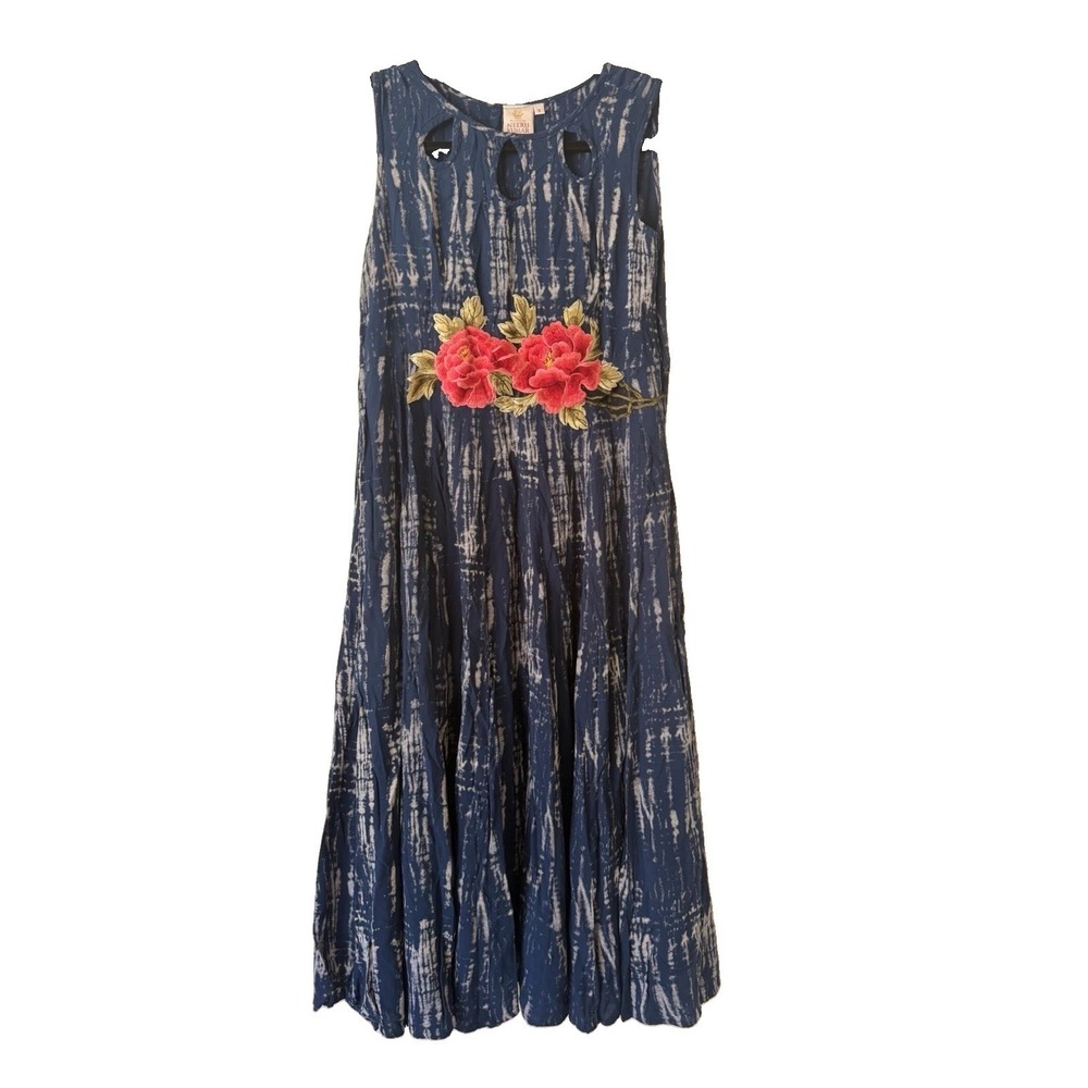 Neeru Kumar Dress Sz S Blue Tie Dye Shibori Sleeveless Embroidered Floral Cutout